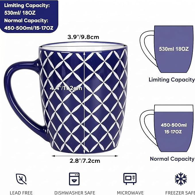 18 OZ Coffee Mugs Set of 6, Geometric Porcelain Large Mug for Man Woman | Blue and White Floral Ceramic Cup for Latte, Tea, Water, Cappuccino, Mocha, Cocoa, Housewarming Wedding Mug Present - Image 2