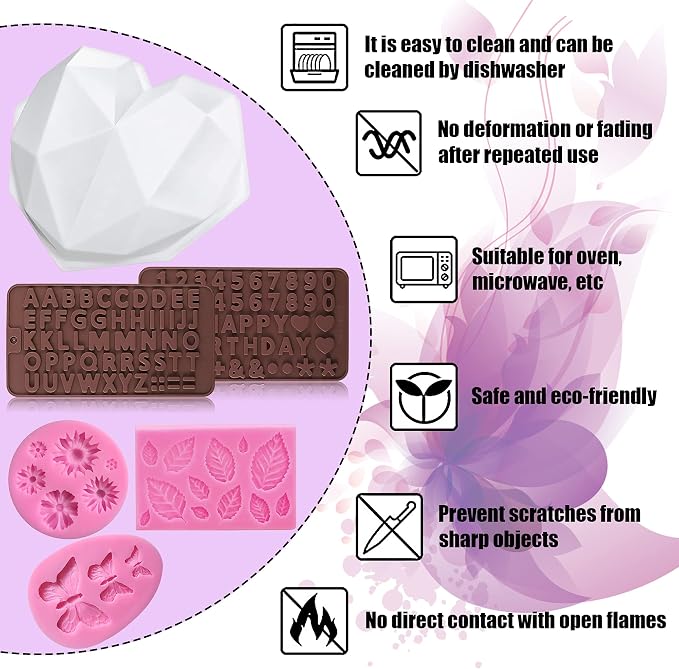 Chocolate Heart Molds Set | Breakable Heart Mold with Hammers, Letter and Number, Leaf Daisy Flower Butterfly Mold for DIY Cake Mousse Dessert - Image 3