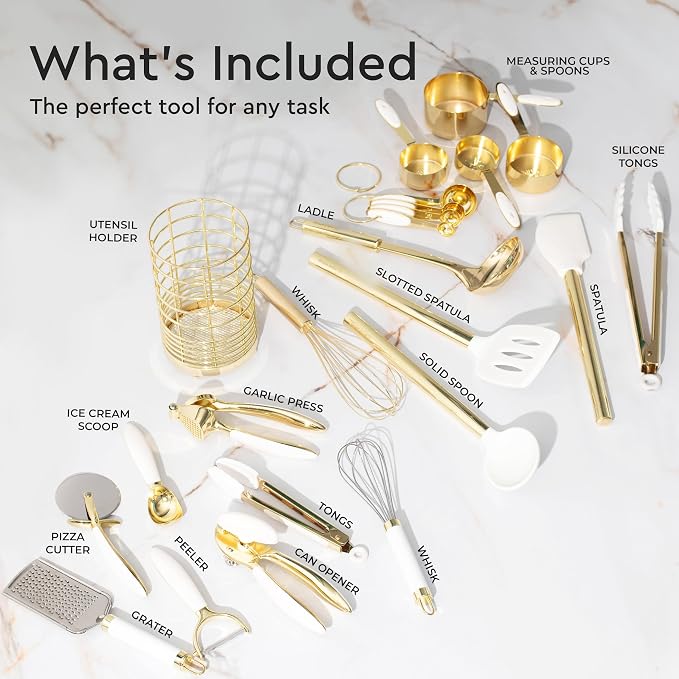 Styled Settings White and Gold Kitchen Utensils Set, 23-Piece | Stainless Steel, Gold Kitchen Accessories Include Measuring Cups, Silicone Utensils, Utensil Holder -Gold Kitchen Accessories - Image 3