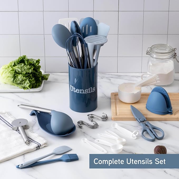COOK WITH COLOR Silicone Cooking Utensils, Kitchen Utensil Set, Easy to Clean Silicone Kitchen Utensils, Cooking Utensils for Nonstick Cookware, Kitchen Gadgets Set, 38 Piece, Blue and White - Image 3