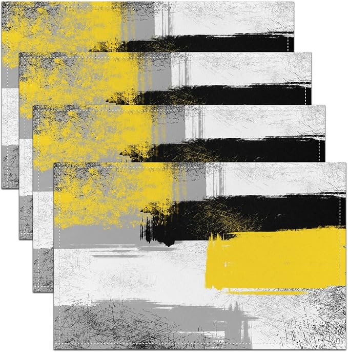 Feelyou Yellow Black Grey White Placemats Set of 4 for Kids Boys Girls Abstract Placemat for Kitchen Dining Table Decor Indoor Outdoor 18"x12" Ombre Modern Table Place Mats, Decor Buffalo Check by Feelyou