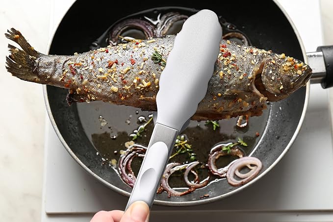 2 Pack Silicone Kitchen Tongs – 9" & 12" Set, Heat Resistant up to 500°F, Non‑Stick Cookware Safe, Wavy Silicone Tips, BPA Free, Locking Clip & Hanging Loop, Light Grey - Image 8