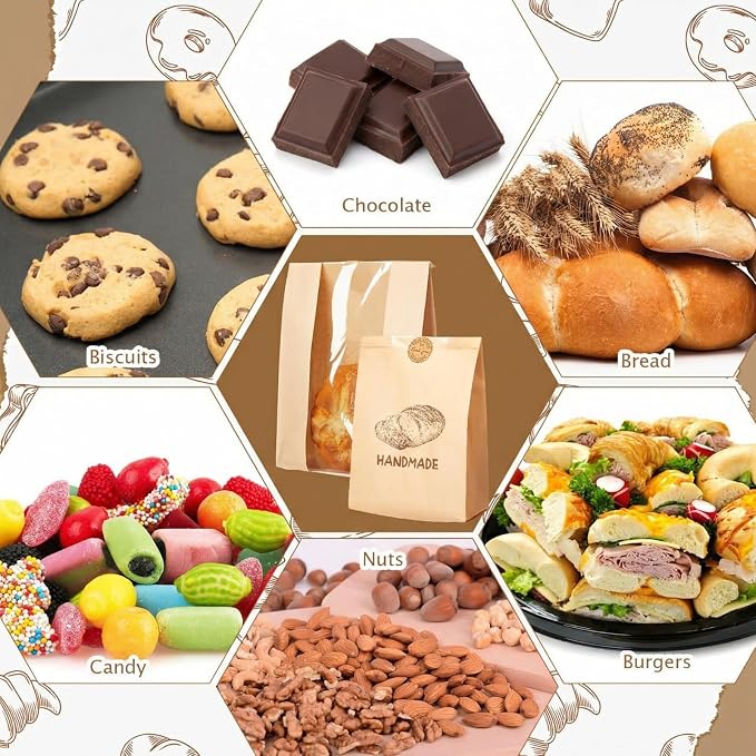 Feifeiya 100 Pack Kraft Paper Bread Bags for Homemade Sourdough Bread with Window & Stickers, 13.7x8.3" Large Bakery Bags for Loaves Greaseproof Food Packaging for Baking Gifts, Brown(Novel Style) - Image 5