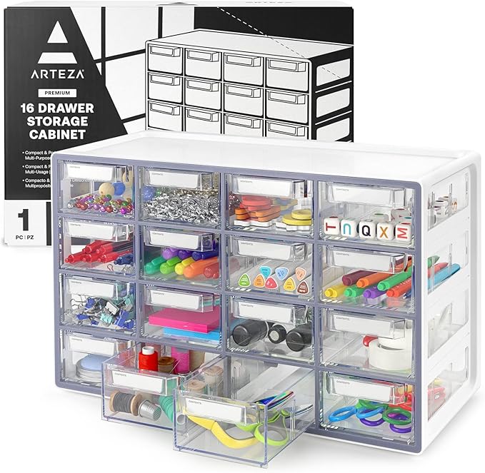 Arteza 16 Drawer Organizer and Storage Cabinet – Clear Plastic, Stackable Drawers for Makeup, Crafts, Sewing, Office Supplies, Small Parts & Tools.