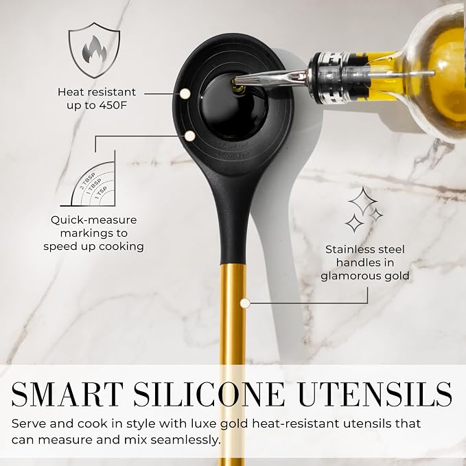 Styled Settings Black and Gold Kitchen Utensils Set, 15-Piece | Nonstick BPA-Free Silicone Cooking Utensils with Measuring Cups and Spoons - Luxury Kitchen Accessories for Stylish Cooking - Image 4