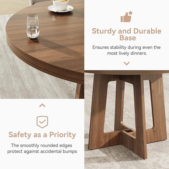 Round Dining Table for 4, Wooden Dining Room Table, Circle Kitchen Table for Home Dining Room Kitchen Living Room (Walnut Brown) - Image 6