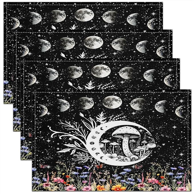 Feelyou Sun Moon Table Place Mats, Set Boho Exotic Mushroom Placemats Set of 4 Bohemian Botanical Placemat for Kitchen Dining Table Decor Indoor Outdoor for Women Men Galaxy 18"x12" by Feelyou