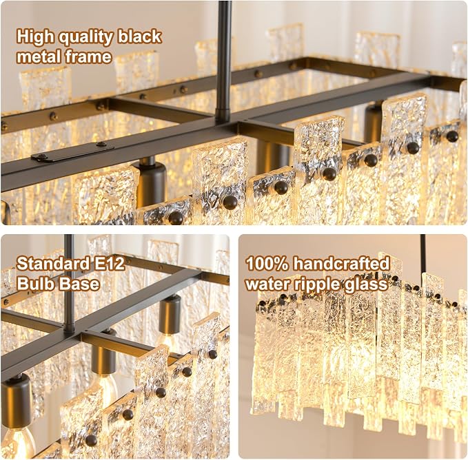 Modern Rectangle Black Crystal Chandeliers for Dining Room, L39" Large Rectangular Water Ripple Glass Island Light Fixture, 6-Lights Hanging Pendant Light for Kitchen Island, Living Room - Image 6