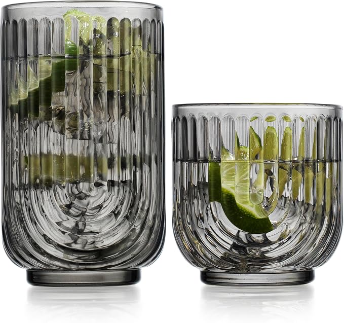 16 Piece Smoke Glassware Set, Beautiful Art Deco Black Drinking Glasses, Ribbed U-Shape Design, 8 Highball 17oz and 8 Whiskey 11oz DOF Handwash Only by Glavers
