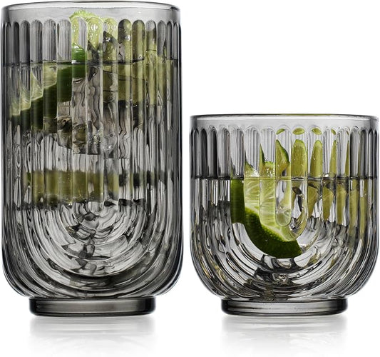 16 Piece Smoke Glassware Set, Beautiful Art Deco Black Drinking Glasses, Ribbed U-Shape Design, 8 Highball 17oz and 8 Whiskey 11oz DOF Handwash Only by Glavers