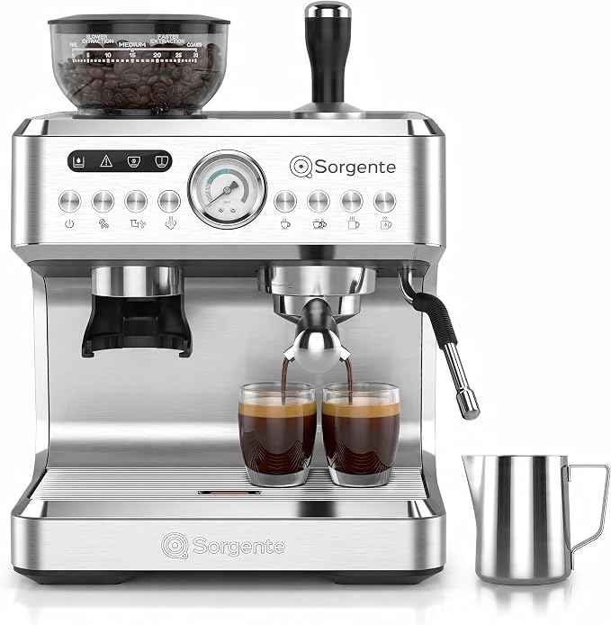 Sorgente Espresso Machine with Grinder, Brushed Stainless Steel | Professional Coffee Maker with Built-in Grinder, Easy to Clean with this Semi-Automatic Coffee Machine,Durable for Home Use by Sorgente%E2%80%94TheSourceofGenuineCoffee