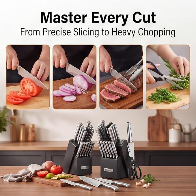McCook Knife Set Sharp Kitchen Knife Block Set w Built-in Sharpener | German Forged Stainless Steel,15 PC,Razor Sharp,Anti-Rust,Restaurant Grade,Ergonomic Handle,Full Tang,Gift Box - Image 6