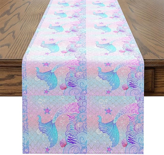 Feelyou Mermaid Table Runner 72x13 Inch Ocean Marine Themed Decorations Indoor Outdoor Party Supply Mermaid Scales Ocean Wave Shell Home Kitchen Dining Decor for Living Room Dresser Scarfs Purple Pink by Feelyou