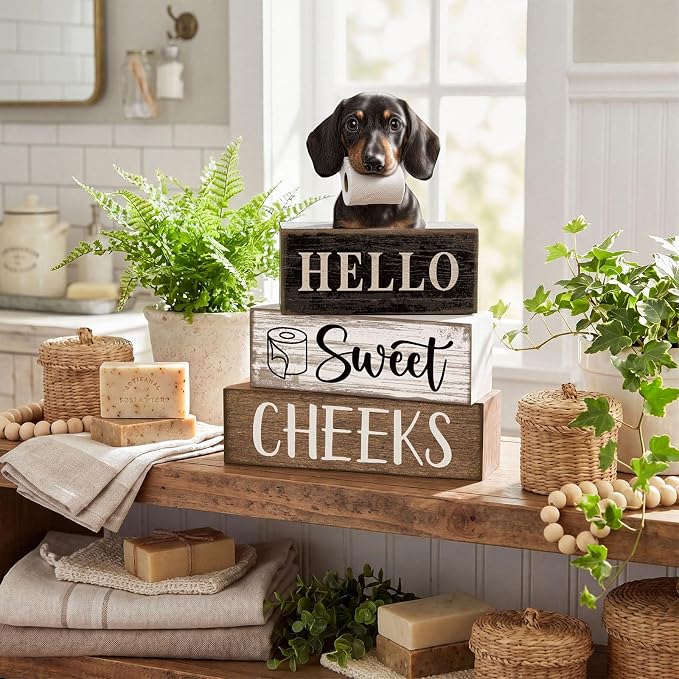 Moucuny 4 Pcs Dachshund Bathroom Decor Set Funny Toilet Wooden Tiered Tray Decor Farmhouse Dachshund Centerpiece Rustic Bathroom Shelf Decoration Hello Sweet Cheeks Decoration for Home Office - Image 7
