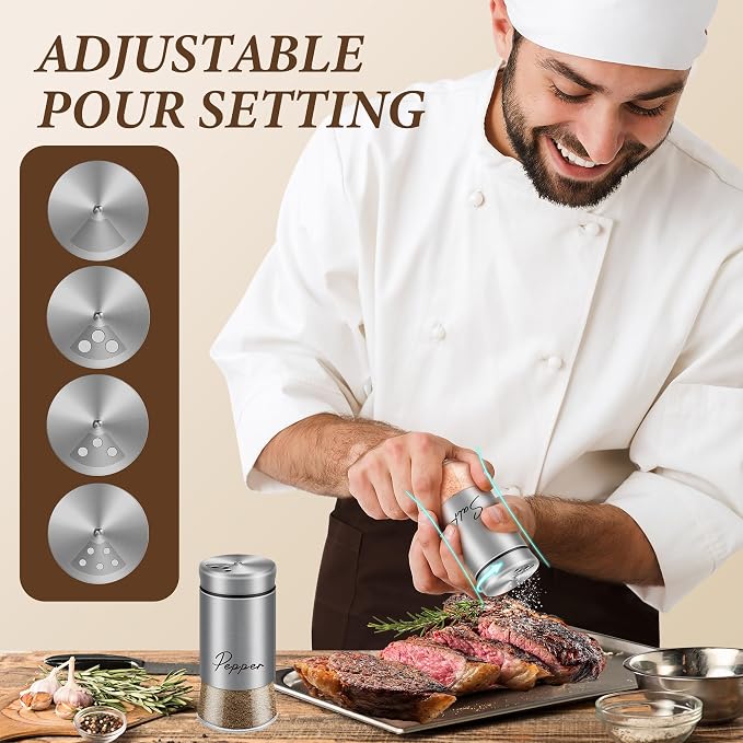 Stainless Steel Salt and Pepper Shakers Set, 5 oz | Salt Shaker with Adjustable Pour Holes, Modern Pepper Shaker for Kitchen Metal Gadgets with Glass Bottom (Silver) - Image 3