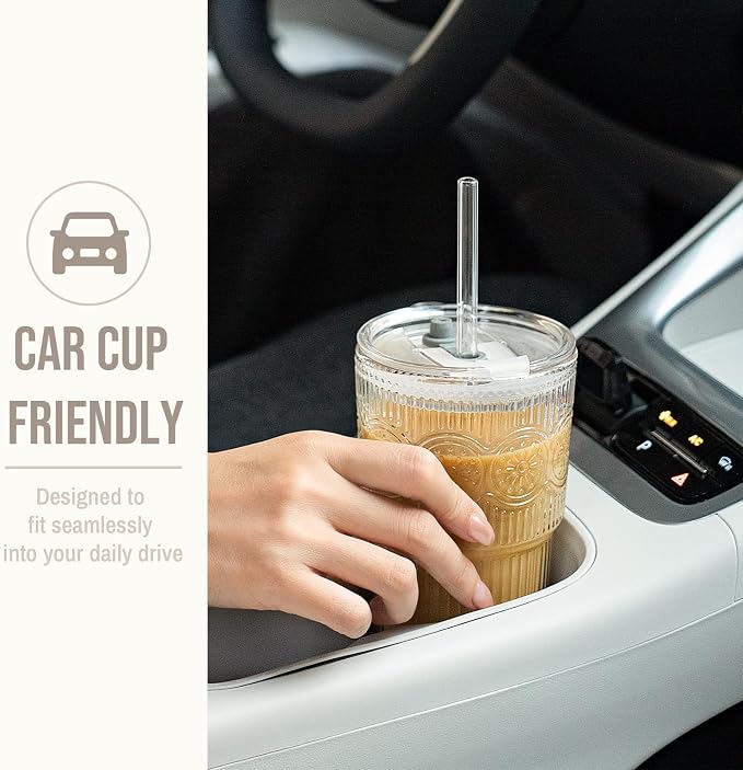 SoulTimes 20oz Ribbed & Floral Glass Tumbler with Lid and Straw – Iced Coffee Glasses Cups for Smoothie, Matcha, Juice, Water etc. Leakproof and Reusable Glassware Drinking for Travel To Go [2Pcs] - Image 8