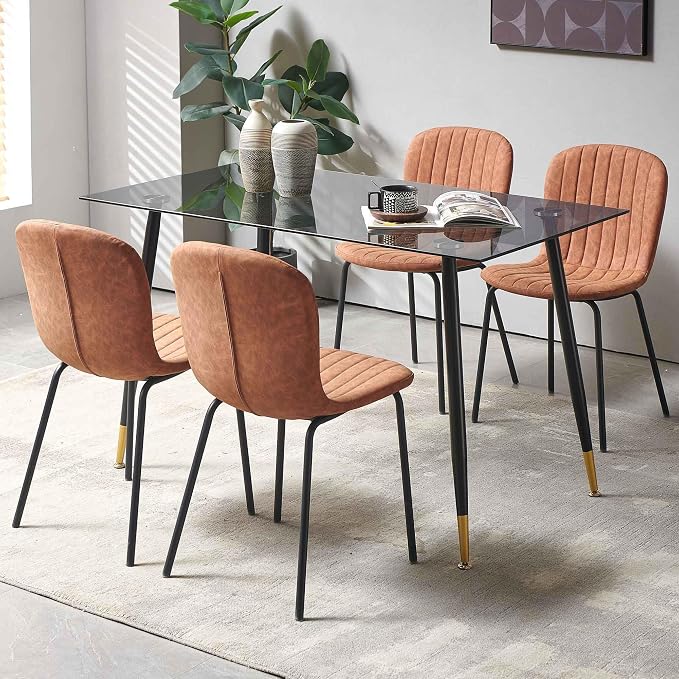 Dining Chairs Set of 4, Modern Mid Century Faux Leather Dining Room Chairs with Black Metal Legs, Comfortable Armless Side Kitchen Chair for Home, Living Room, Bedroom, Restaurant, Brown - Image 5