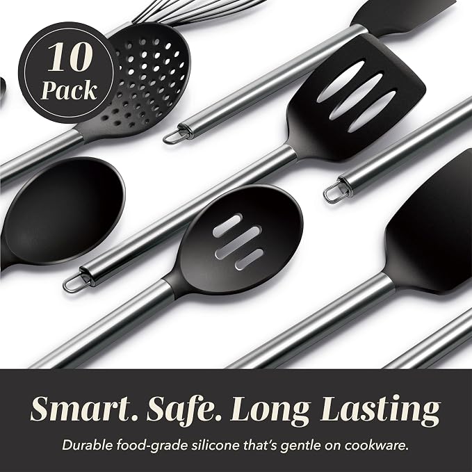 COOK WITH COLOR Silicone Cooking Utensils, Kitchen Utensil Set, Easy to Clean Silicone Kitchen Utensils, Cooking Utensils for Nonstick Cookware, Kitchen Gadgets Set, 10 Pieces, Black - Image 3