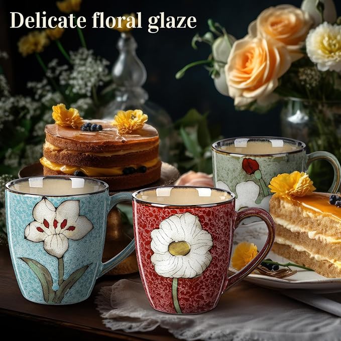 Maxdot 4 Pcs 12oz Ceramic Coffee Mugs Sets Glazing Process Cappuccino Mug Floral Ceramic Tea Cups Idea Gift Set for Women Porcelain Cup for Coffee, Cocoa, Tea, Latte (Retro) (Classic) - Image 7