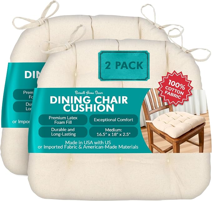 Barnett Home Decor Dining Chair Cushions with Ties, 16.5 x 18 Inches, Pack of 2 – Machine Washable, Made with 100% Cotton and Plush Latex Foam Fill, Made in USA – Cotton Duck Natural by BarnettHomeDecor