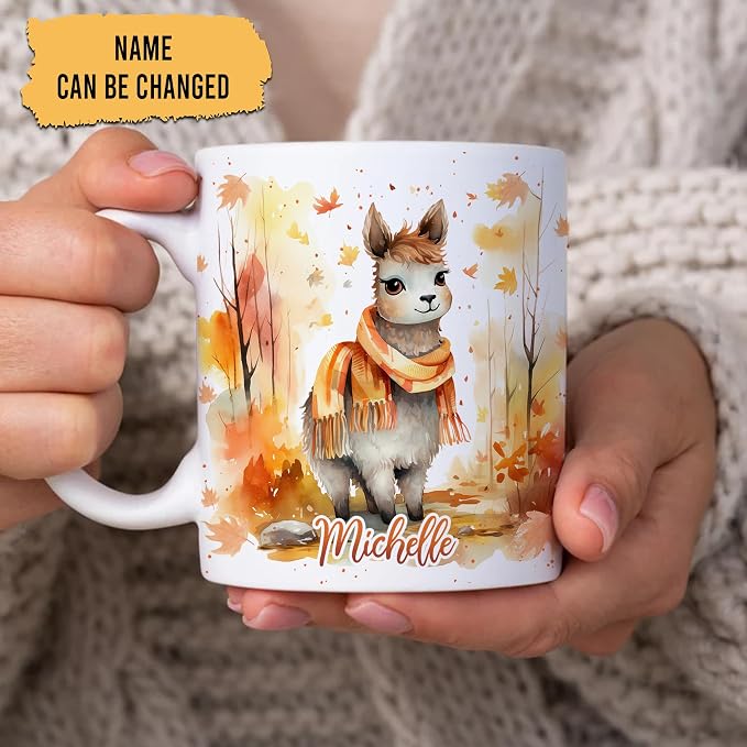 Hyturtle Personalized Fall Llama Coffee Mug, Autumn Décor for Farmhouse | Birthday Gifts For Llama Lovers - Fall Autumn Decor Gifts For Thanksgiving - Custom Name 11oz White Ceramic Coffee Tea Mug - Image 2