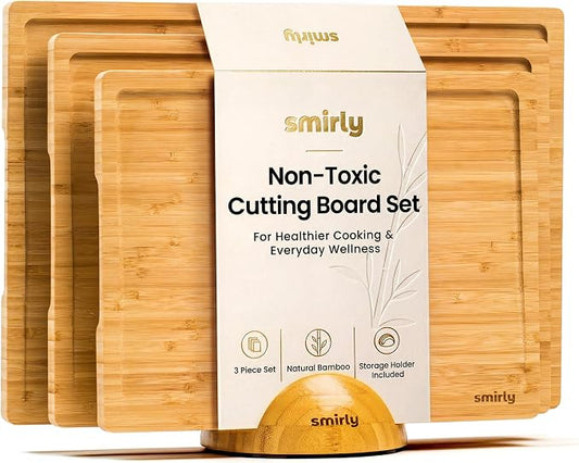 SMIRLY Cutting Boards for Kitchen, 3 Piece Bamboo Cutting Board with Stand | Non Toxic Wooden Cutting Board with Juice Grooves and Handles, Multiple Sizes Chopping Boards for Meat Vegetable Charcuterie by Smirly