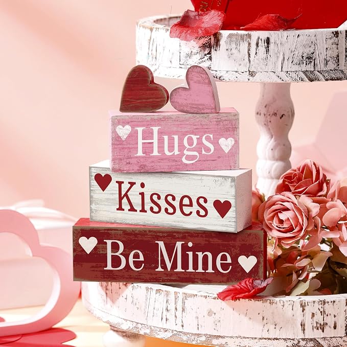 Moucuny 4 Pcs Valentine's Day Table Decorations Wooden Heart Valentine Tiered Tray Decor Valentine Day Centerpiece Rustic Decorative Heart Block Signs Gift Farmhouse Valentines Decor for Home Kitchen - Image 5
