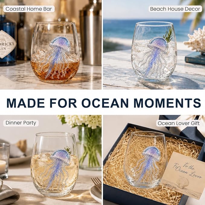 Coastal Stemless Wine Glasses Set of 4, 12oz 3D Ocean Animal Artisan Glassware Collection with Unique Sea Life Designs (F - Set of 1) - Image 4