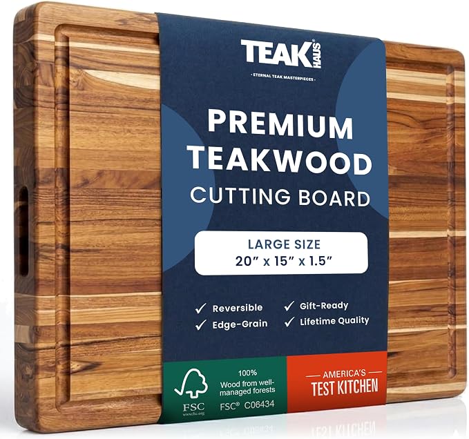 Teakhaus Carving Board with Juice Groove - Large (L) Teak Wood Cutting Board 20”L x 15”W x 1.5” Thick - Sustainably Harvested & FSC Certified - Knife Friendly with Beeswax Oil Finish by TEAKHAUS