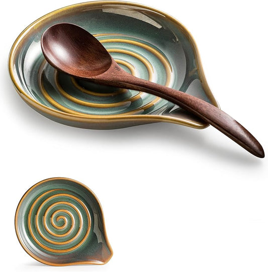 Spoon Rest for Stove Top, Countertop Spoon Holder with Handle for Easy Hold, Farmhouse Decor, Utensil Rest for Spoons, Ladles, Tongs, Spatula, Blue and Green | Ceramic Spatula Holder, Modern Farmhouse Decor | Large Utensil Rest for Ladles, Tongs, Spatu... by Cormomu