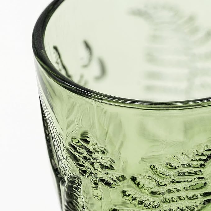 Green Drinking Glasses Set of 8, 10 oz Glass Cups, Vintage Fern Glassware | Hand-Pressed, Dishwasher Safe, Boho Leaf-Textured Drinkware, Colored Embossed Lowball Tumblers for Water, Retro Kitchen Gift - Image 7