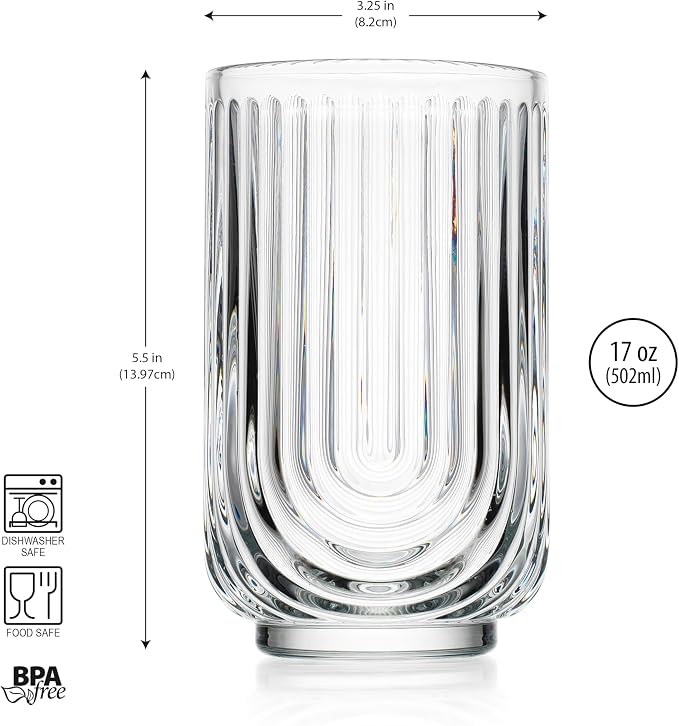 Glaver's Drinking Glasses Set of 8. 17oz Vintage Drinking Cups. Ripple Cocktail Glasses, Ribbed Drinking Highball Glass Cups. Arch Designed Art Deco Glassware for Water Juice Coffee. Package may Vary - Image 4