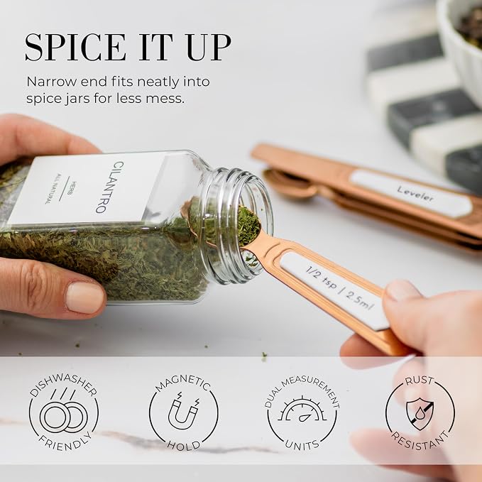 Styled Settings Copper Measuring Spoons Set with Leveler, 8-Piece | Double-Sided Nesting Magnetic Measuring Spoons, Stackable & Spice Jar Friendly -Stylish Copper Kitchen Accessories for Baking - Image 4
