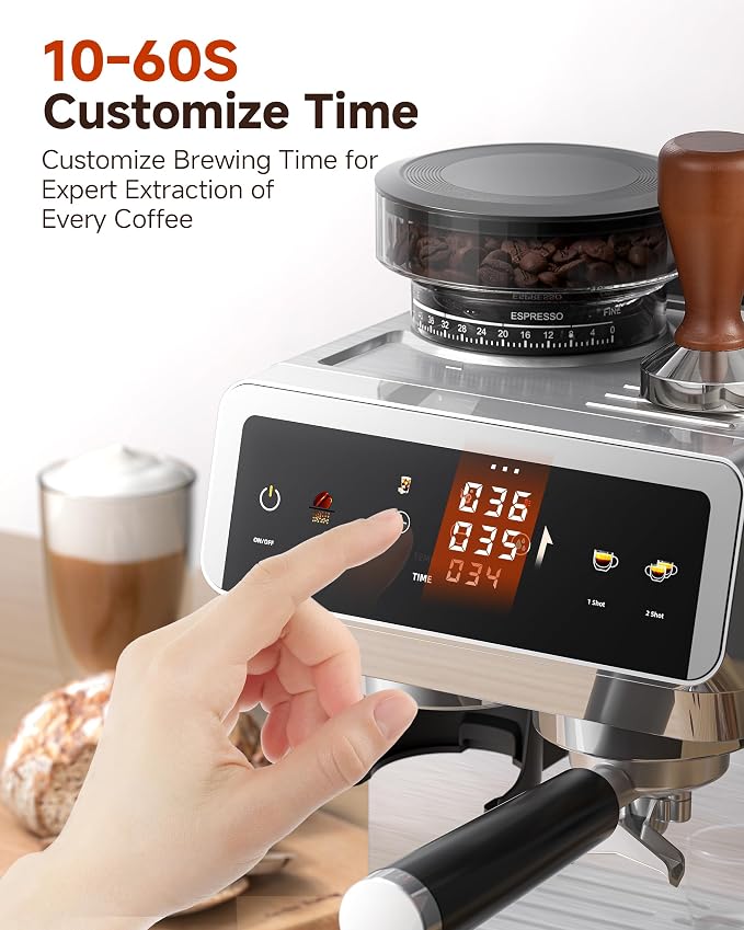 AMZCHEF Espresso Machine With Grinder, Temp Control, 44 Grind Settings | Hot & Cold Brew, Cappuccinos & Lattes, Built-in Grinder, Milk Frother, Touch Screen, Easy to Clean, Compact Design, Silver - Image 7