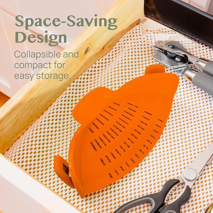 Kitchen Gizmo Snap N Strain Clip On Strainer for Pots and Pans - Adjustable Silicone Colander for Kitchen - Compact Clip-On Food Strainer for Draining Pasta and Vegetables - Orange - Image 4