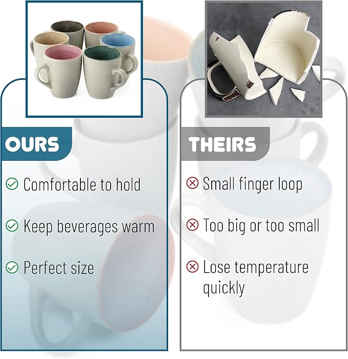 BTaT- Porcelain Coffee Mugs Set, 12 oz (350ml), 6 Pack, Ceramic Coffee Mugs, Matte White Outside and Colorful Inside, Restaurant Cups for Tea, Cappuccino, Cocoa, Cereal, Mug Gift Set, Dishwasher Safe - Image 5