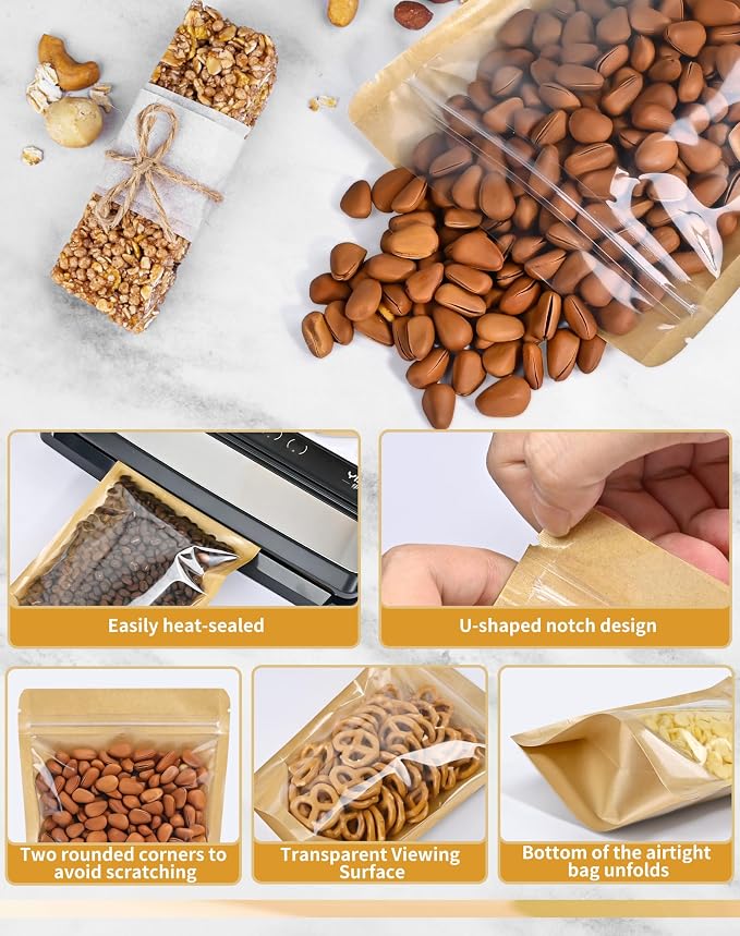FireKylin 100 PCS Stand Up Pouches,7.1" x 10.2" Paper Bags With Window Clear Front Pouches Resealable Zipper Food Storage Brown - Image 3