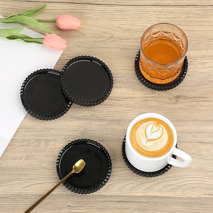 Glass Drink Coaster Set of 5- Coasters for Desk Coffee Table Black Coasters | Modern Round Cup Mats, Glass Coasters Coffee Table Decor for Kitchen, Bar, Dining Room, Living Room, Office - Image 4