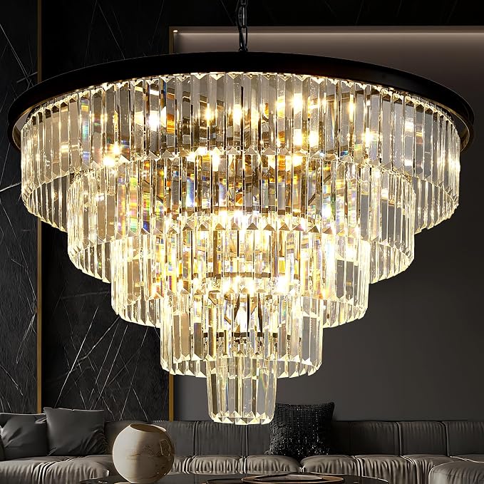 Large Crystal Chandelier 30'' Modern Black Dining Room Light Fixture | 5-Tier K9 Luxury Crystal Pendant Light for High Ceiling Big lighting fixture for Living Room Kitchen Foyer Staircase Entryway by HCCZLighting