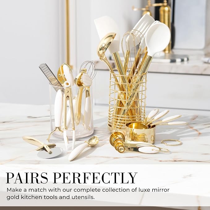 Styled Settings White & Gold Cooking Utensils Set, 8-Piece | Kitchen Utensils Set Includes Can Opener, Tongs and Garlic Press, White and Gold Kitchen Accessories for Kitchens - Image 6