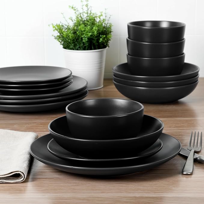 Gibson Home Queenslane 16-Piece Matte Black Stoneware Dinnerware Set – Double Bowl Plates and Bowls, Durable Kitchen Dinner Set - Image 2