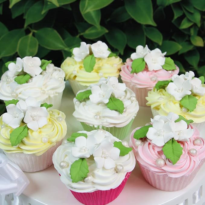 Global Sugar Art 24-Count Mini White Edible Flowers Cake Decorations | White sugar flowers for cake decorating, mini edible flowers cake decorations, white flower cupcake toppers, gumpaste leaves - Image 2