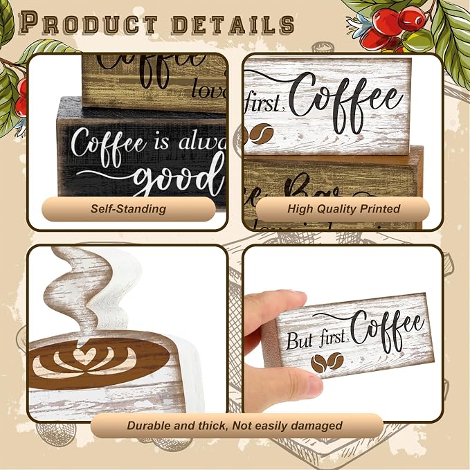 Moucuny 4 Pcs Wooden Coffee Bar Tabletop Decor Coffee Tiered Tray Decor Rustic Wood Bar Sign Gift Farmhouse Table Centerpiece Farmhouse Decorations for Home Kitchen - Image 4