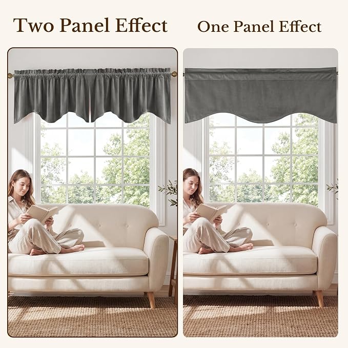 Grey Scalloped Valance for Windows 52x18 Inch 1 Panel | Luxury Velvet Kitchen Curtains for Small Window, Wavy Hem Window Treatment for Bathroom，Basement, Rod Pocket - Image 7