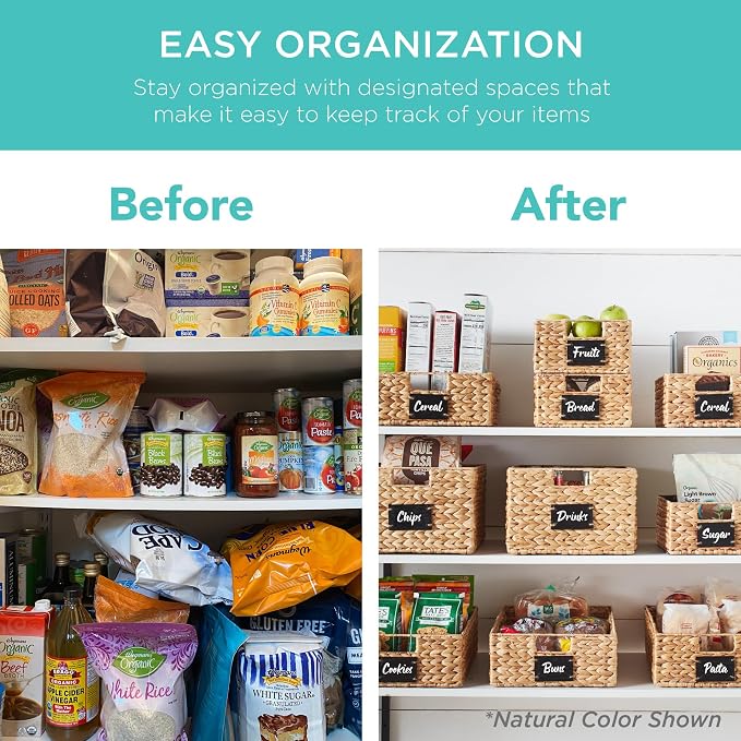 Best Choice Products Pantry Baskets Set of 2 16x12in Water Hyacinth Storage Baskets, Woven Wicker Kitchen Organizers with handles w/Chalkboard Label Chalk Marker - Chestnut - Image 3