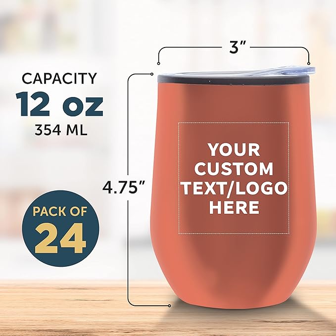 Custom Stemless Wine Tumblers 12 oz. Set of 24, Personalized Bulk Pack - Insulated, Perfect for Wine, Cocktails, Other Hot & Cold Beverages - Rose Gold