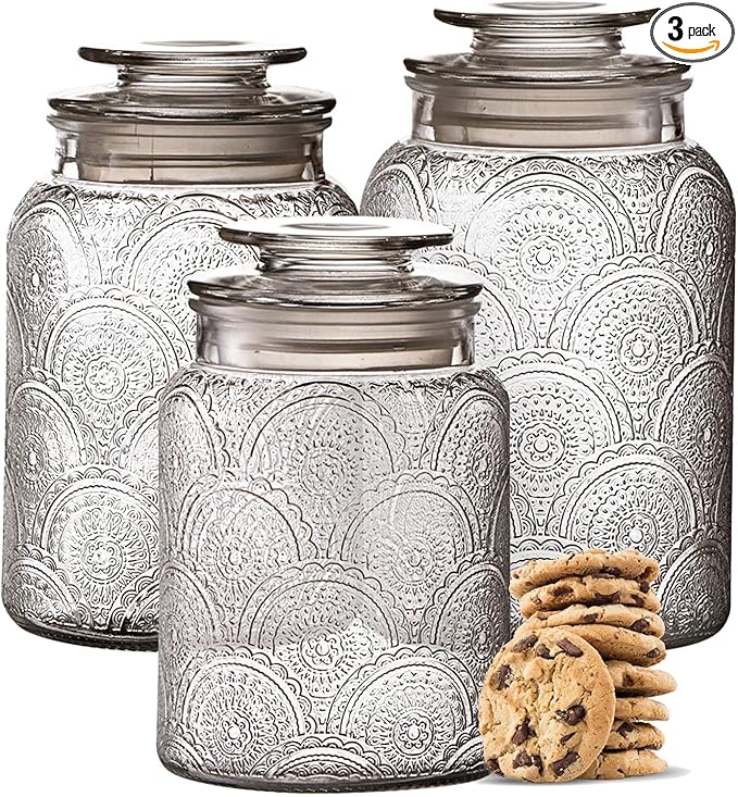 Le'raze Food Storage Containers with Airtight Lids - Retro Design - Pantry Organization, Glass Canisters Storage for Cookies, Tea, Sugar, Candy Jars, Sugar Packet, Set of 3 by LERAZE