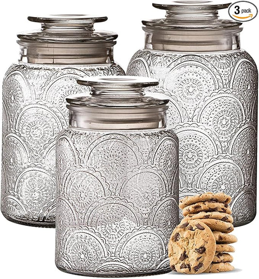Le'raze Food Storage Containers with Airtight Lids - Retro Design - Pantry Organization, Glass Canisters Storage for Cookies, Tea, Sugar, Candy Jars, Sugar Packet, Set of 3 by LERAZE