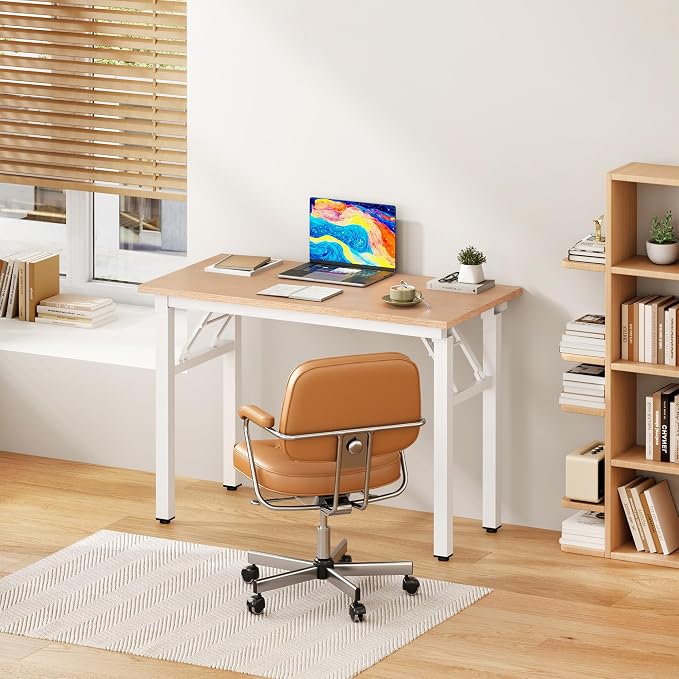 DlandHome 31.5 Inch Small Folding Computer Desk for Home Office, Pink Oak | Foldable Writing Table for Small Spaces Bedroom, No Assembly Required, Wood Top Metal Frame, Collapsible Compact Easy Storage - Image 2