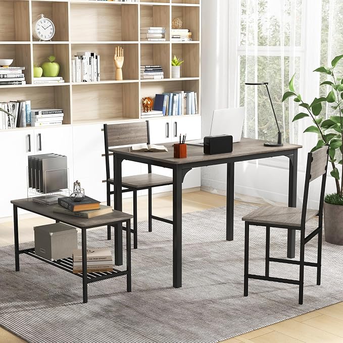 Giantex Dining Table Set for 4, Kitchen Table with Bench and Chairs, Industrial Gathering Bench Dining Set W/Metal Frame & Storage Rack, Dinette Set, Modern Functional Desk Set (Grey) - Image 4